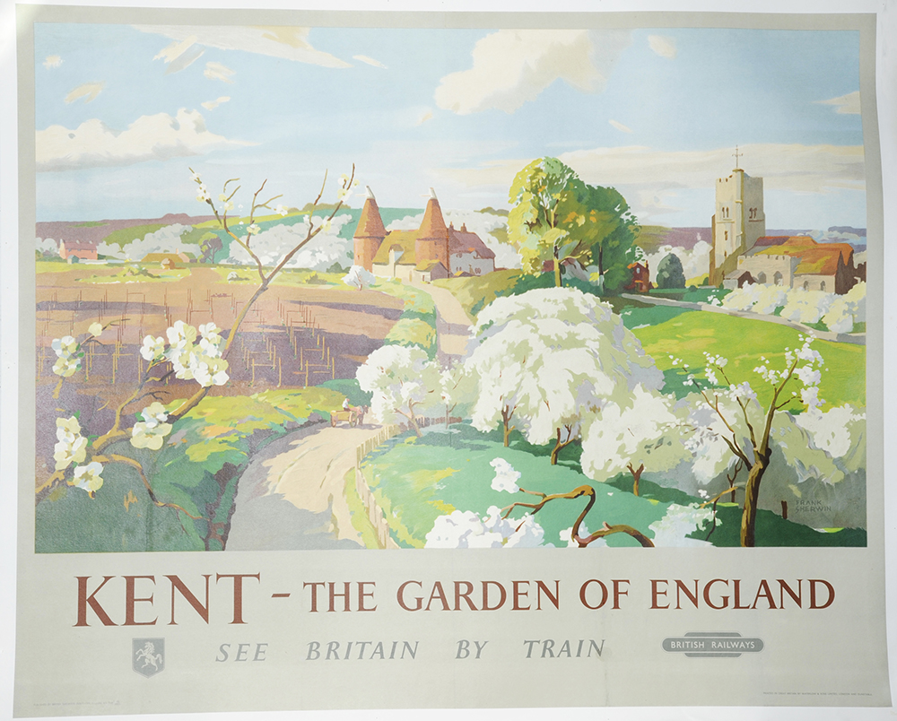 Poster BR(S) 'Kent - The Garden Of England' by Frank Sherwin, Q/R size. View across hop fields and orchards with oast house and church beyond. Published by British Railways Southern Region and printed by Waterlow & Sons