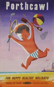 Poster, British Railways 'Porthcawl - For Happy Health Holidays' by Stevens, D/R size. Depicts a young boy with hands full with everything for the beach and Coney Beach Pleasure Park in the background. Published by British Railways (Western Region) 1956/57 and printed by Jordison & Co