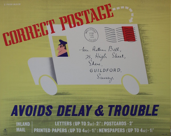 G Parkinson (dates not known) Correct Postage Avoids Delay & Trouble, original GPO poster PRD 796 1955