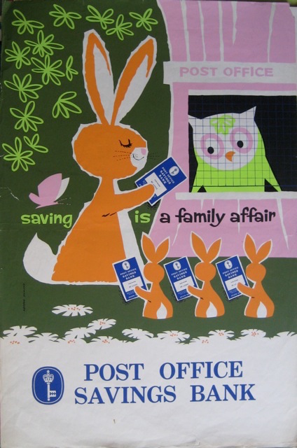 Daphne Padden post office savings bank poster with rabbits and owl.