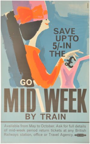 A BR double royal poster, GO MID-WEEK BY TRAIN, by Hans Unger