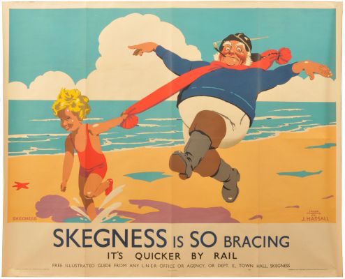 A LNER royal quad poster, SKEGNESS IS SO BRACING, by Frank Newbould, after J. Hassall. The classic image of the Jolly Fisherman Railway poster