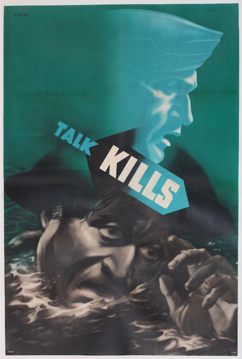 Abram Games (1914-1996) Talk Kills, explicit WW2 propaganda poster depicting soldier wearing helmet in the sea, PR 76 printed for HMSO c.1942