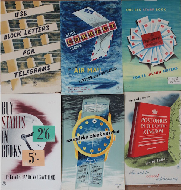 Stan Krol (born 1910) A group of six 1950's GPO posters including Use Block Letters, Stick Correct Stamps, One red stamp book and Round the clock services, each - 37 x 24 cm; and one other Spencer Market Place Norwich GPO