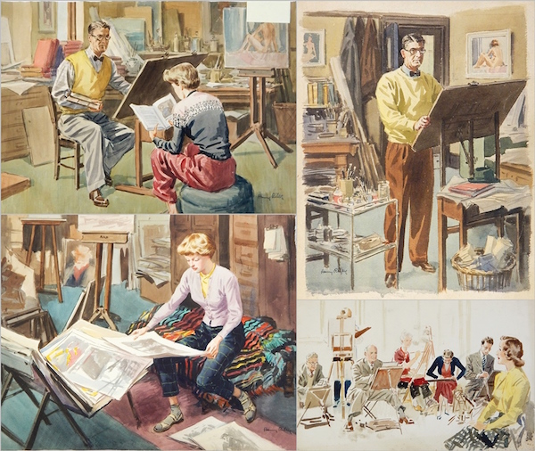 Harry Riley in studio with his daughter barbara sketches