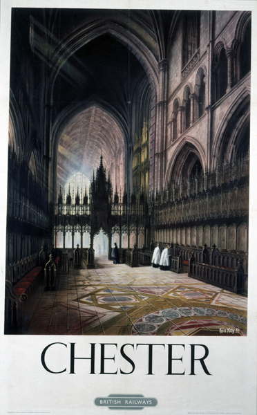 ÔChesterÕ, BR (LMR) poster British Railways (London Midland Region) poster. Interior of cathedral with choir stalls and organ front in north transept. Artwork by Felix Kelly.
