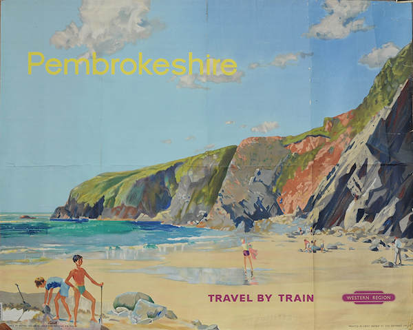 BR Poster `Pembrokeshire - Travel by Train` by Leech, quad royal size 50in x 40in. Typical beach scene around Saundersfoot/Tenby area showing families and children.