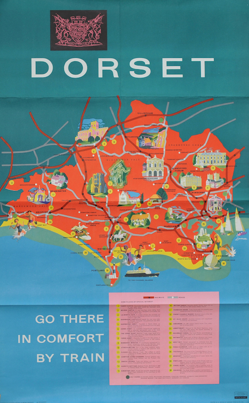 Poster British Railways 'Dorset' by Lander double royal 25in x 40in. Map image of the county showing places of interest with a numbered key below. Published by the Southern Region of British Railways