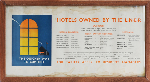 LNER Carriage Print 'Hotels Owned By The LNER' In an original type glazed frame 20in x 10in. 
