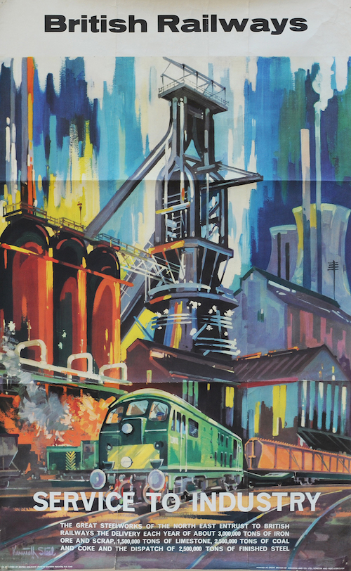 Poster British Railways 'Service To Industry' by Kenneth Leech circa1960, double royal 25in x 40in. Depicts a busy industrial scene from the North East and shows a BR Class 28 locomotive on a freight train