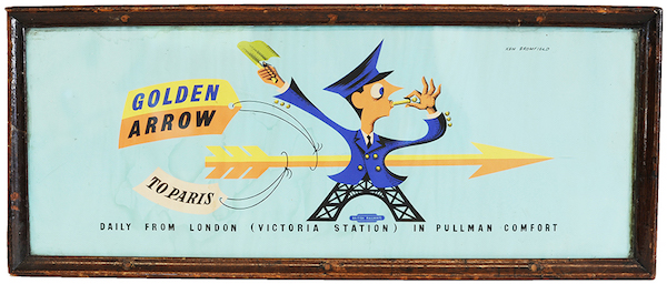 Carriage Print 'Golden Arrow To Paris - Daily From London Victoria Station In Pullman Comfort', by Ken Broomfield. In original Southern Railway glazed frame and measuring 27in x 11in