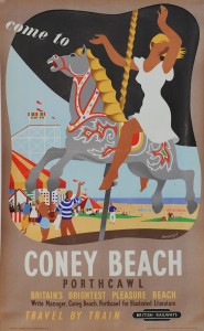 Poster British Railways 'Come To Coney Beach, Porthcawl - Britain's Brightest Pleasure Beach' by Mario Armengol 1952, double royal 25in x 50in. Depicts a happy holidaymaker riding the carousel with the beach beyond
