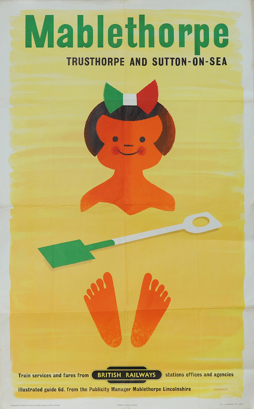 Poster - 'Mablethorpe - Trusthorpe and Sutton On Sea' by Tom Eckersley (1959) double royal 25in x 40in. Depicts a smiling cartoon girl half buried in the sand. Published by British Railways Eastern Region