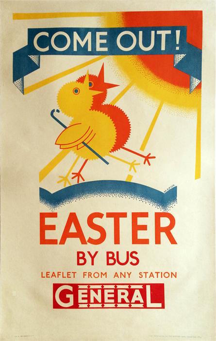 Original 1931 London General Omnibus Co (Underground Group) double royal POSTER 'Come Out! Easter by bus'. Designed by 'Major