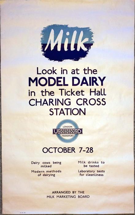 Original 1935 London Transport double-royal poster 'Model Dairy in the Ticket Hall, Charing Cross Station'. The exhibition was arranged by the Milk Marketing Board which had been formed just two years earlier.