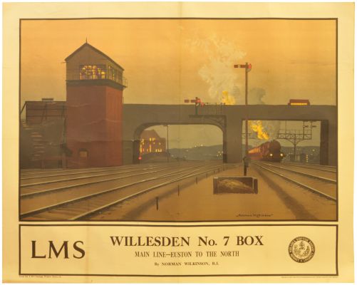 A LMS quad royal poster, WILLESDEN No.7 BOX, MAIN LINE, EUSTON TO THE NORTH, by Norman Wilkinson, R.I. A dramatic image, part of the, From the LMS Carriage Window Serie