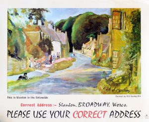 Poster GPO 'This Is Stanton In The Cotswolds' by R.O. Dunlop RA, 36 x 29 inches. Colourful view of this tranquil Cotswold village 1951.