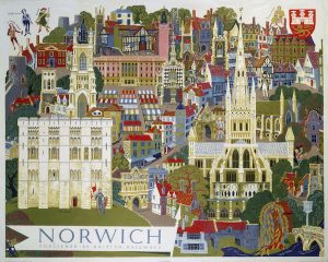 'Norwich', BR poster, c 1950sPoster produced for British Railways (BR) to promote rail travel to the city of Norwich, Norfolk. The poster shows a pictorial city view of Norwich's famous characters and buildings. Norwich Cathedral, the Norman castle and the cityÕs many medieval churches are all included. Artwork by Kerry Lee.