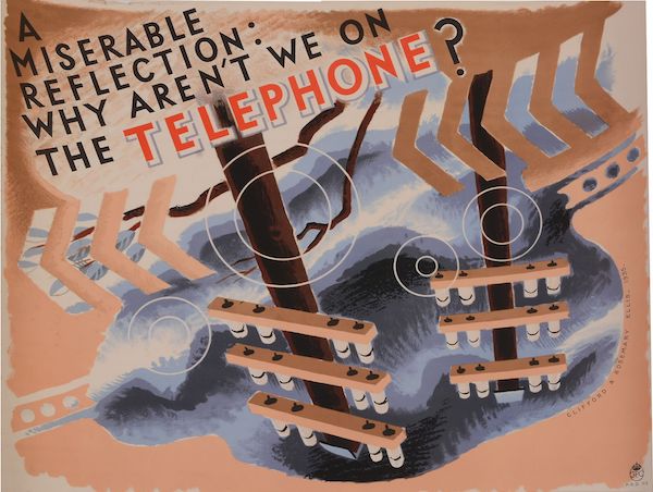 Clifford (1907-1985) & Rosemary (1910-1998) Ellis A Miserable reflection, why aren't we on the telephone? Colour lithographic poster , 1935, printed by The General Post Office, GPO